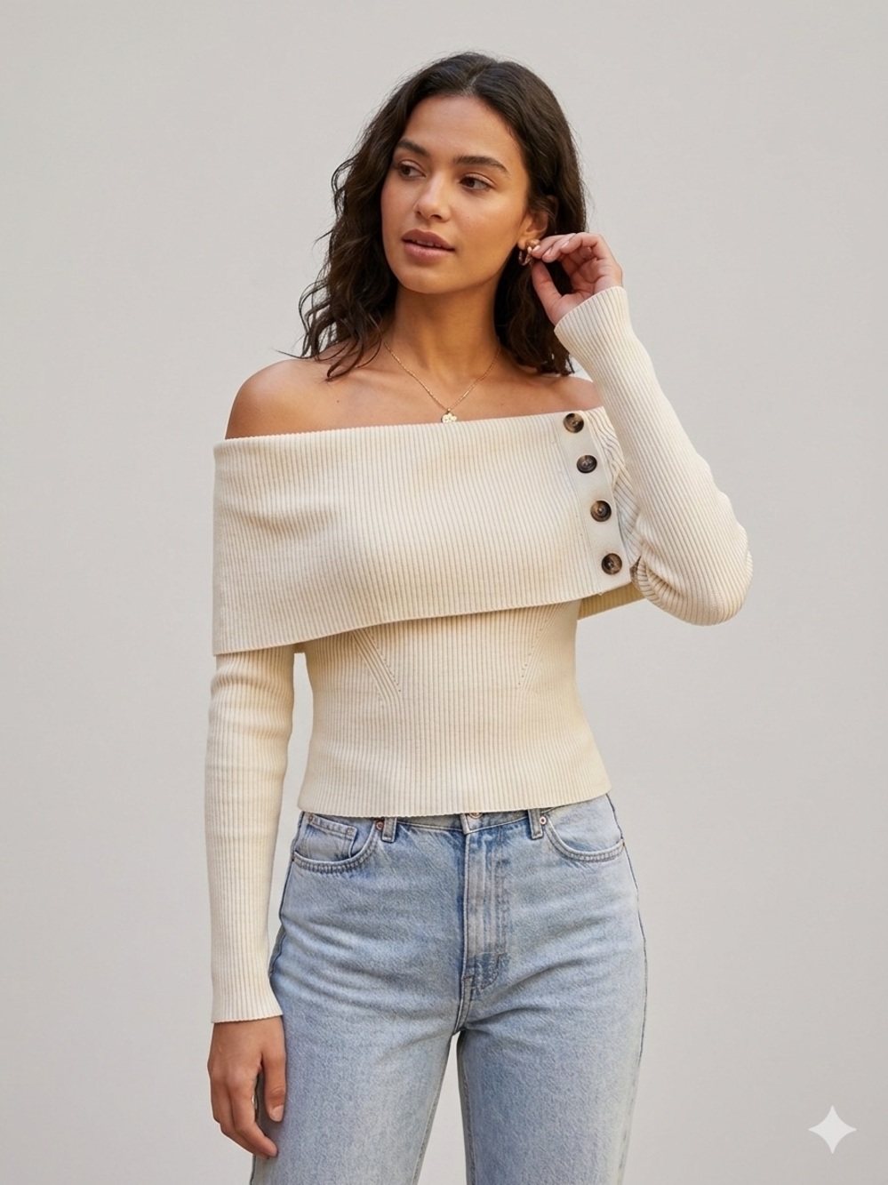 Banana Republic Cream Off-the-Shoulder Ribbed Sweater with Button Detail